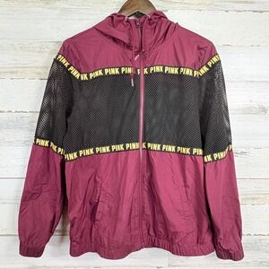 PINK Victoria's Secret Windbreaker Jacket Burgundy Black Mesh Logo XS/S Hooded‎